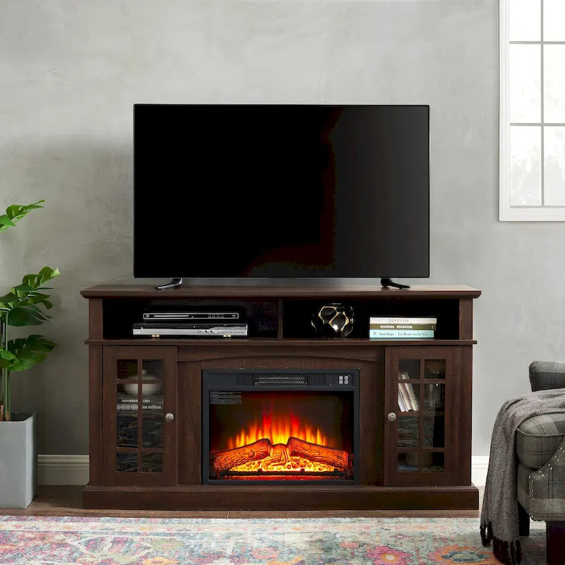 Mueble para TV espresso con chimenea eléctrica, puertas de vidrio y almacenamiento