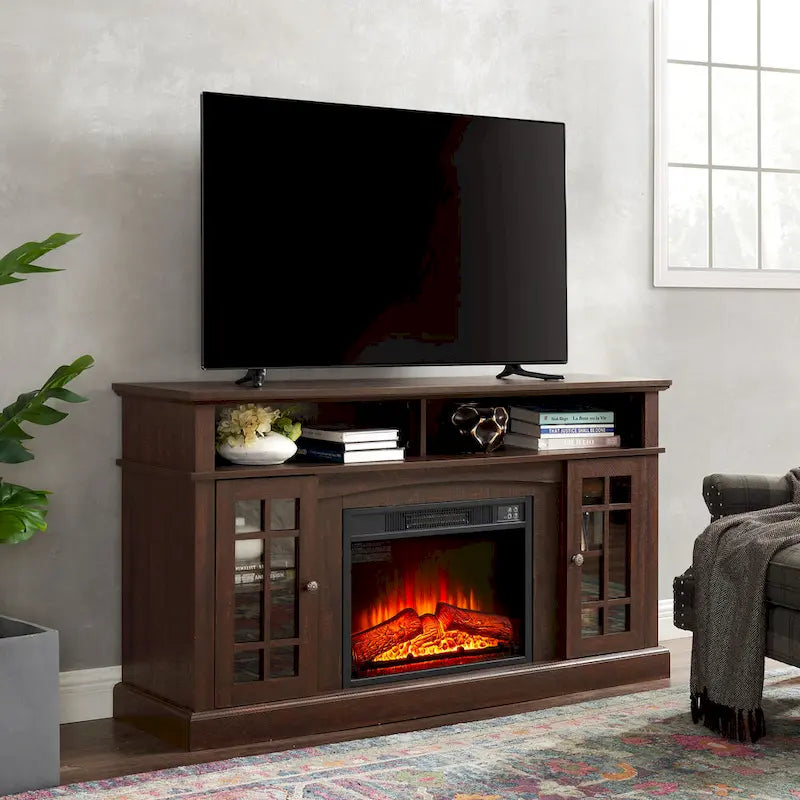 Espressobrauner elektrischer Kamin-TV-Ständer mit Glastüren und Stauraum