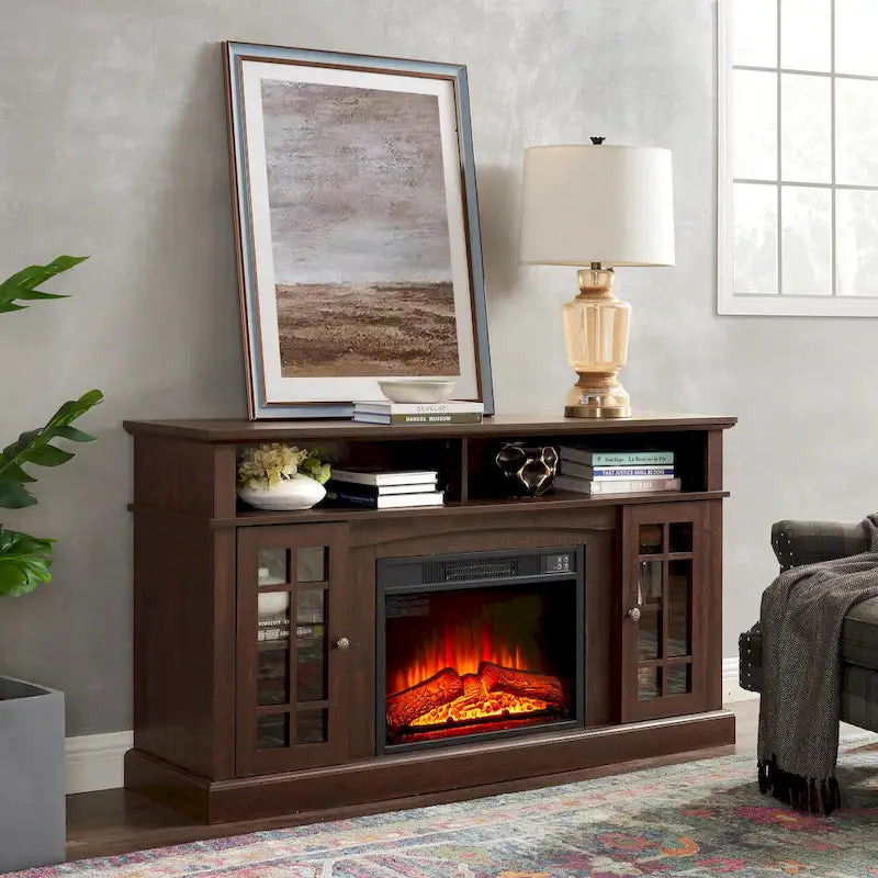 Espressobrauner elektrischer Kamin-TV-Ständer mit Glastüren und Stauraum