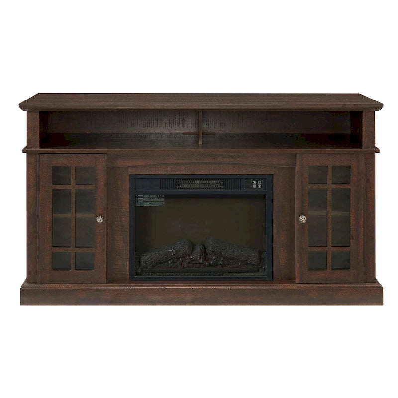 Mueble para TV espresso con chimenea eléctrica, puertas de vidrio y almacenamiento