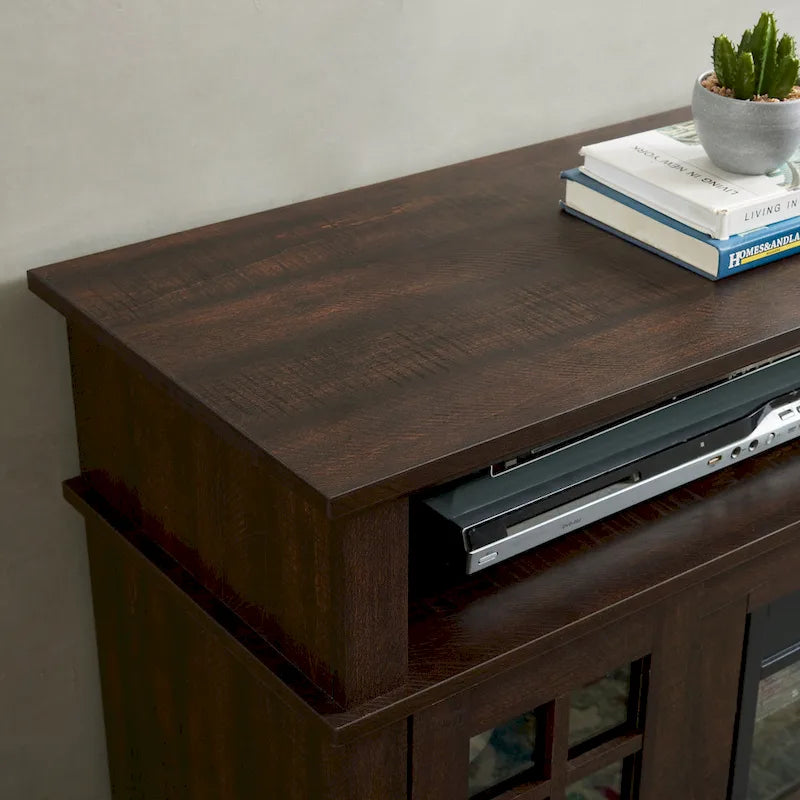 Espressobrauner elektrischer Kamin-TV-Ständer mit Glastüren und Stauraum