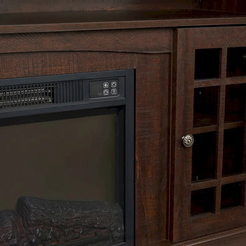 Espressobrauner elektrischer Kamin-TV-Ständer mit Glastüren und Stauraum