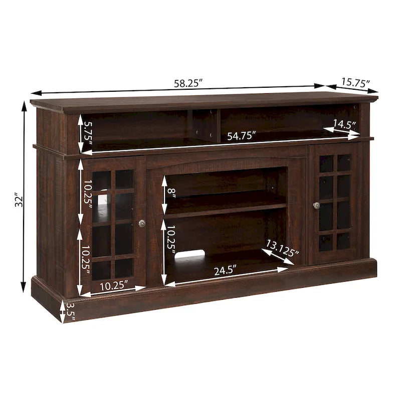 Espressobrauner elektrischer Kamin-TV-Ständer mit Glastüren und Stauraum