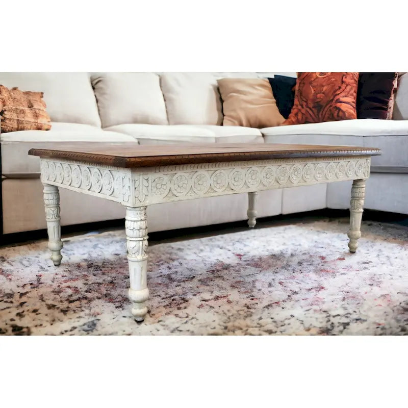 Mesa de centro rectangular tradicional de madera de mango tallada en marrón y marfil