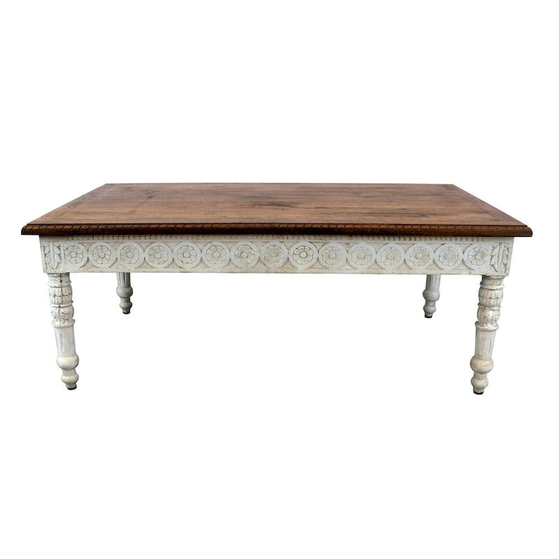 Mesa de centro rectangular tradicional de madera de mango tallada en marrón y marfil