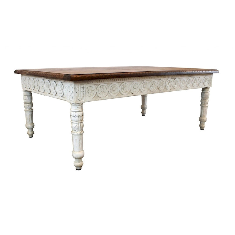 Mesa de centro rectangular tradicional de madera de mango tallada en marrón y marfil