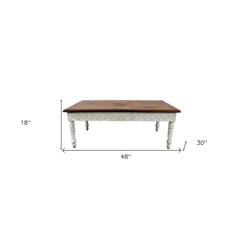 Mesa de centro rectangular tradicional de madera de mango tallada en marrón y marfil