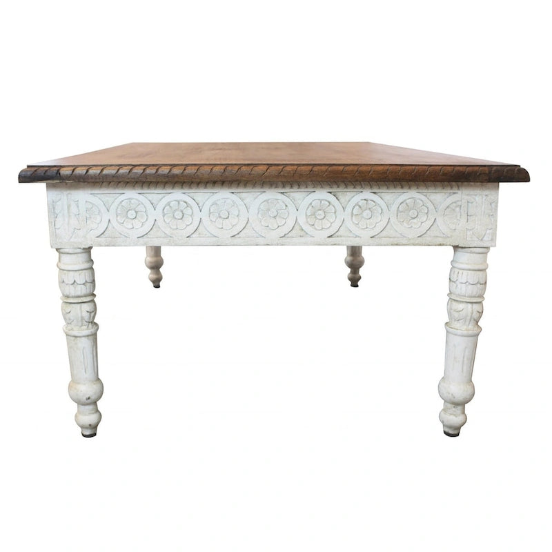Mesa de centro rectangular tradicional de madera de mango tallada en marrón y marfil