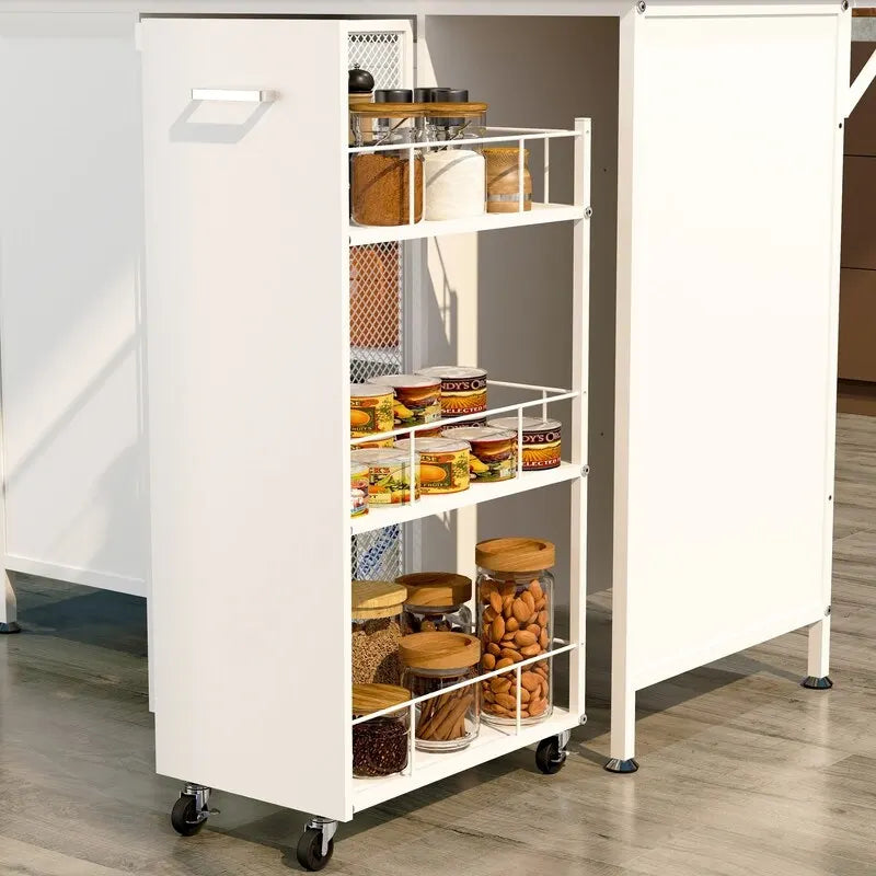 Isla de cocina con panel abatible plegable, estantes y cajones de armario, y ganchos