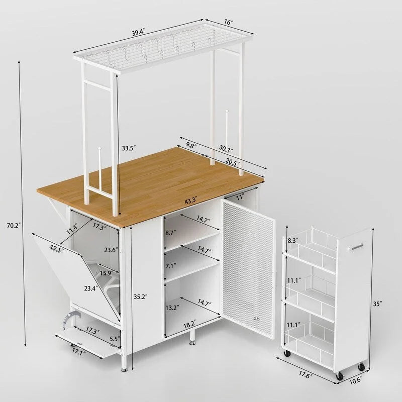 Isla de cocina con panel abatible plegable, estantes y cajones de armario, y ganchos