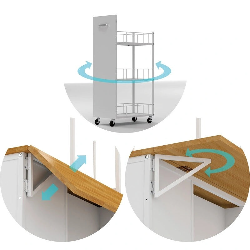 Isla de cocina con panel abatible plegable, estantes y cajones de armario, y ganchos