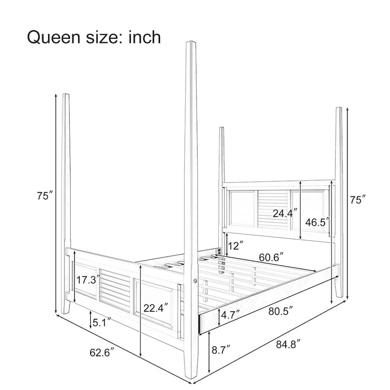 Himmelbett aus massivem Kiefernholz in Queen-Size mit 75 hohem Himmelbettgestell