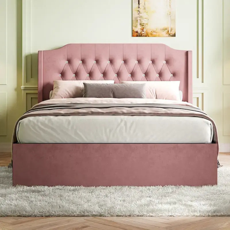 Cama de plataforma tamaño queen de terciopelo con cabecero capitoné, almacenamiento bajo la cama y funda de tela de velcro extraíble