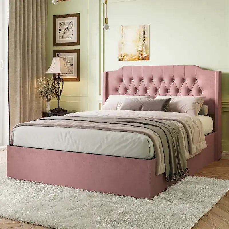 Cama de plataforma tamaño queen de terciopelo con cabecero capitoné, almacenamiento bajo la cama y funda de tela de velcro extraíble