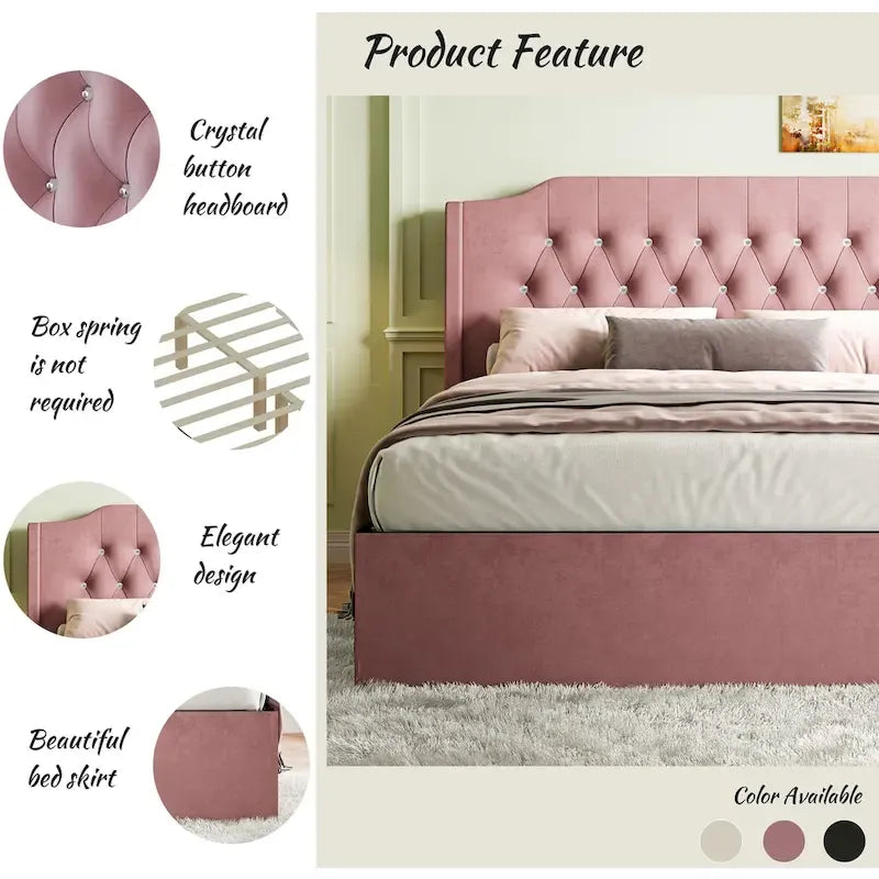 Cama de plataforma tamaño queen de terciopelo con cabecero capitoné, almacenamiento bajo la cama y funda de tela de velcro extraíble