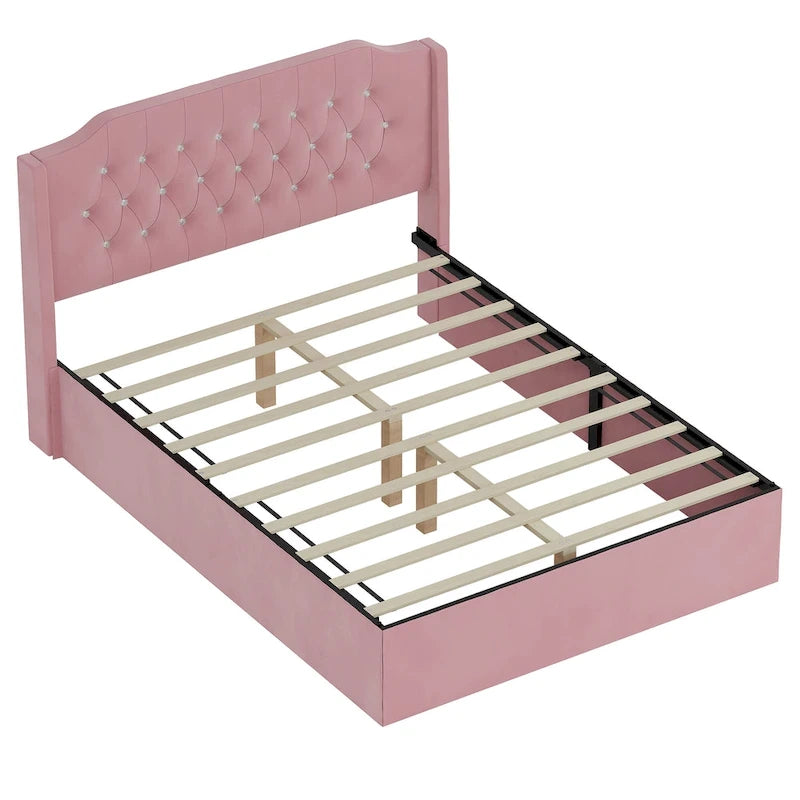 Cama de plataforma tamaño queen de terciopelo con cabecero capitoné, almacenamiento bajo la cama y funda de tela de velcro extraíble