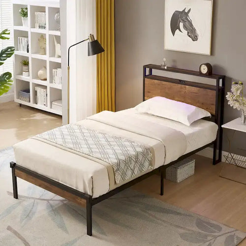 Twin Size Metal Platform Bed with Wooden Headboard and Footboard with USB Liner