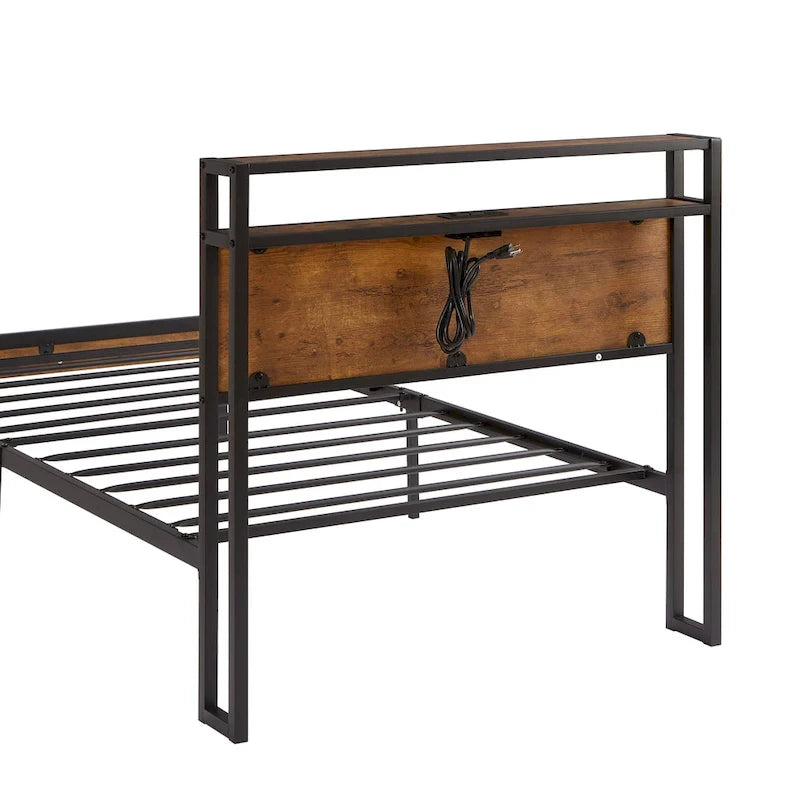 Estructura de cama de plataforma de metal negro con cabecero de madera marrón rústica