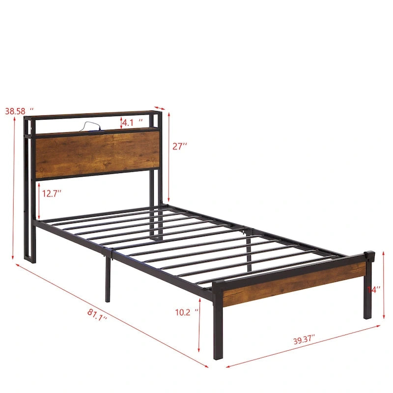 Estructura de cama de plataforma de metal negro con cabecero de madera marrón rústica