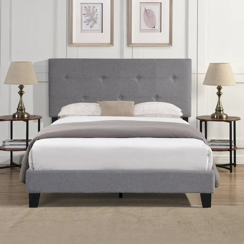 Cama tapizada tamaño Queen color gris con cabecero de tela de lino y soporte de listones
