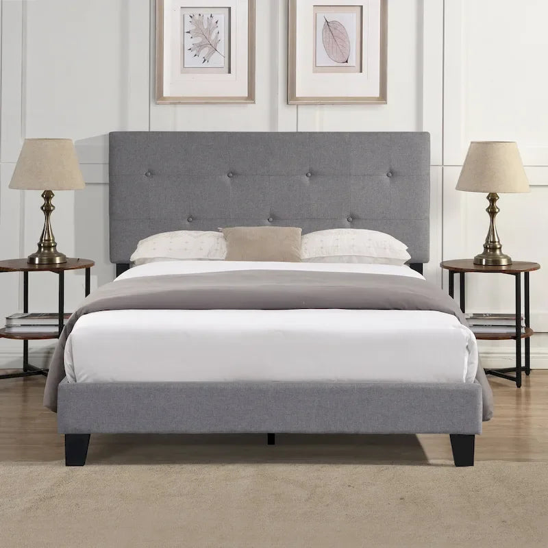 Gray Queen Upholstered Platform Bed with Linen Fabric Headboard & Slat Support