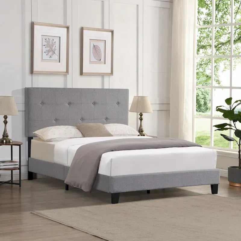 Cama tapizada tamaño Queen color gris con cabecero de tela de lino y soporte de listones