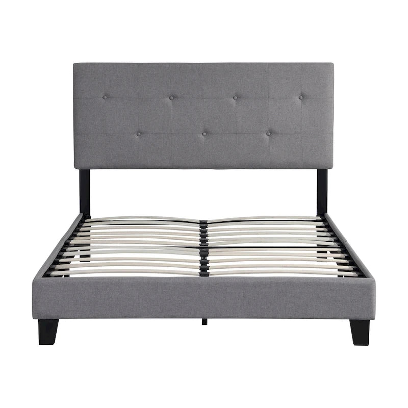 Cama tapizada tamaño Queen color gris con cabecero de tela de lino y soporte de listones