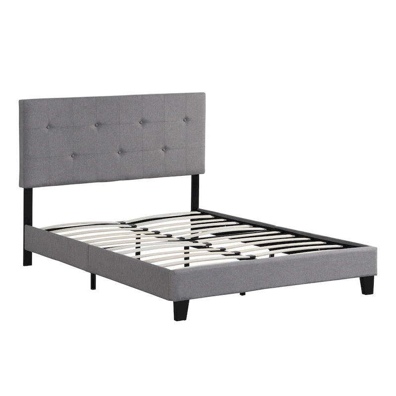 Cama tapizada tamaño Queen color gris con cabecero de tela de lino y soporte de listones