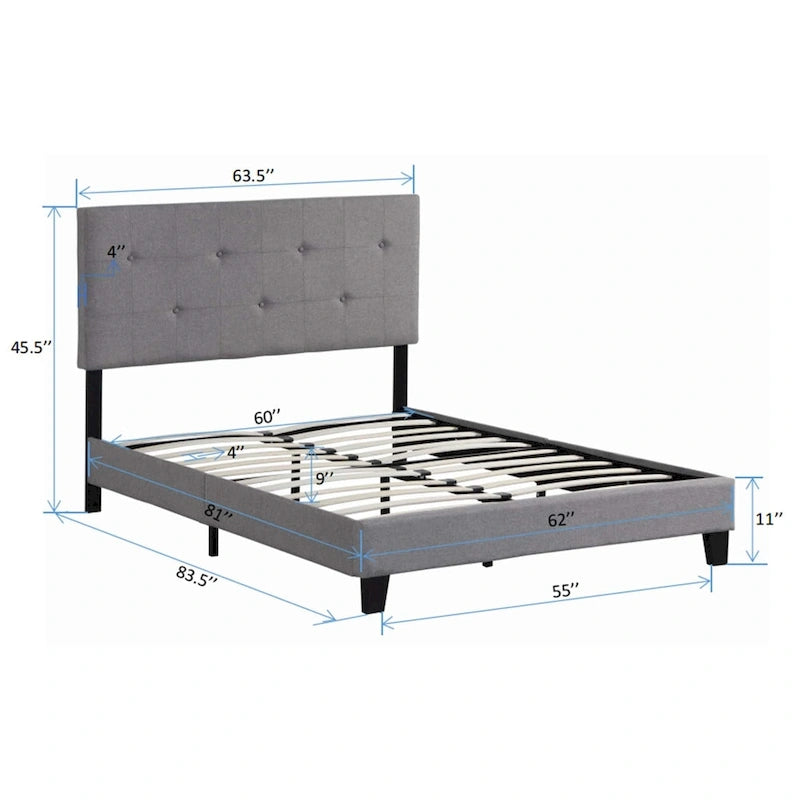 Cama tapizada tamaño Queen color gris con cabecero de tela de lino y soporte de listones