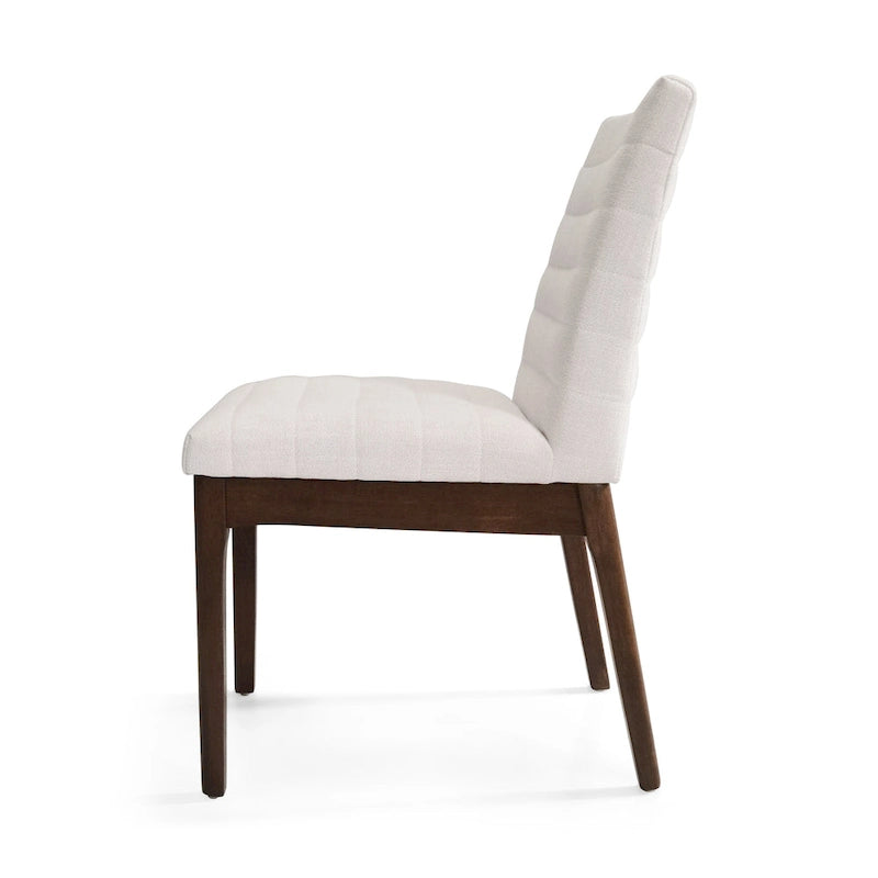 Silla de comedor tapizada moderna de estilo mid-century con costuras acanaladas y patas de madera de nogal