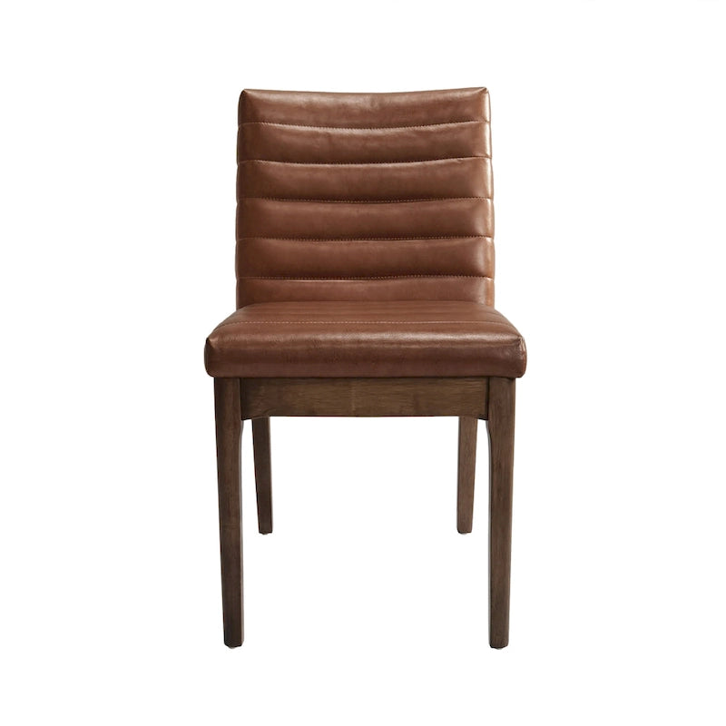 Silla de comedor tapizada moderna de estilo mid-century con costuras acanaladas y patas de madera de nogal