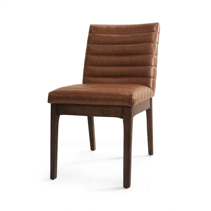 Silla de comedor tapizada moderna de estilo mid-century con costuras acanaladas y patas de madera de nogal