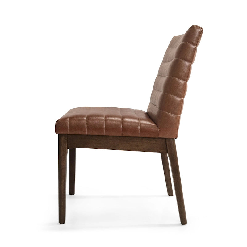 Silla de comedor tapizada moderna de estilo mid-century con costuras acanaladas y patas de madera de nogal