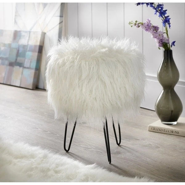 Taburete decorativo redondo de piel sintética suave con patas negras en forma de horquilla