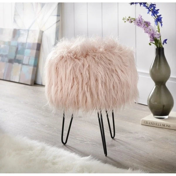 Taburete decorativo redondo de piel sintética suave con patas negras en forma de horquilla