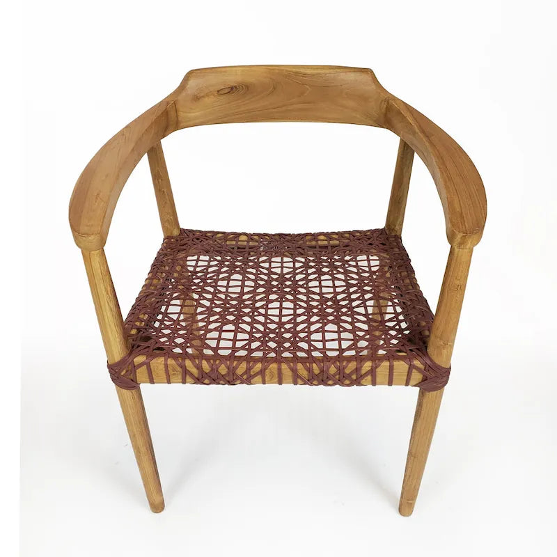 Sillón auxiliar rústico de madera de teca con asiento de cuero tejido