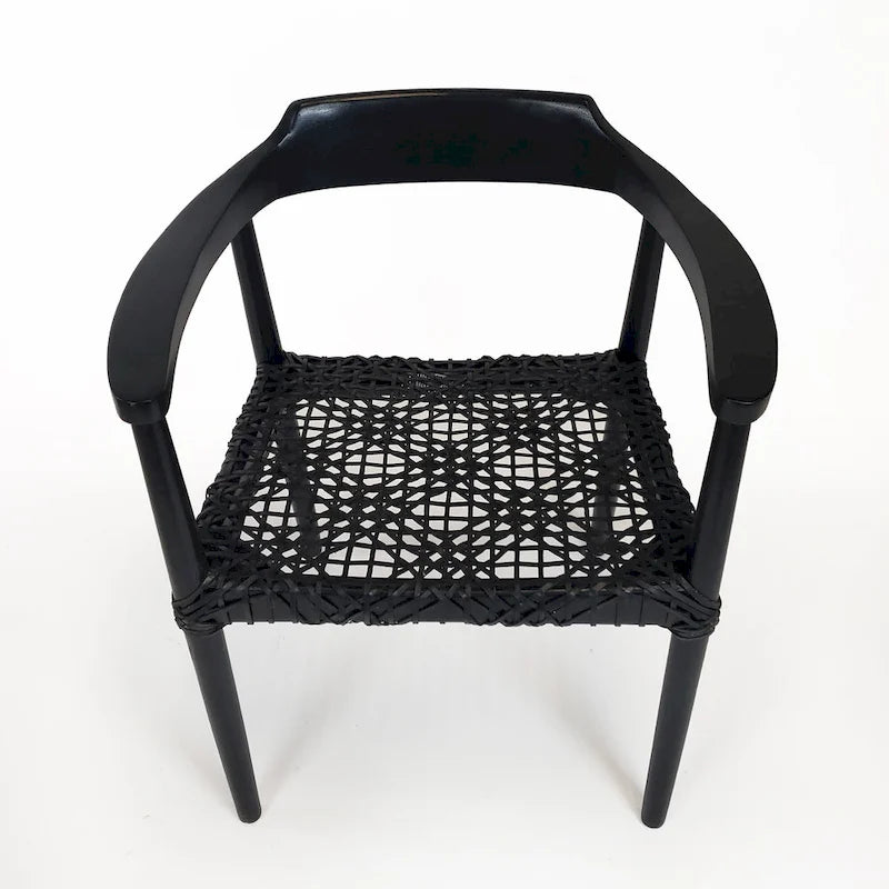 Sillón auxiliar rústico de madera de teca con asiento de cuero tejido