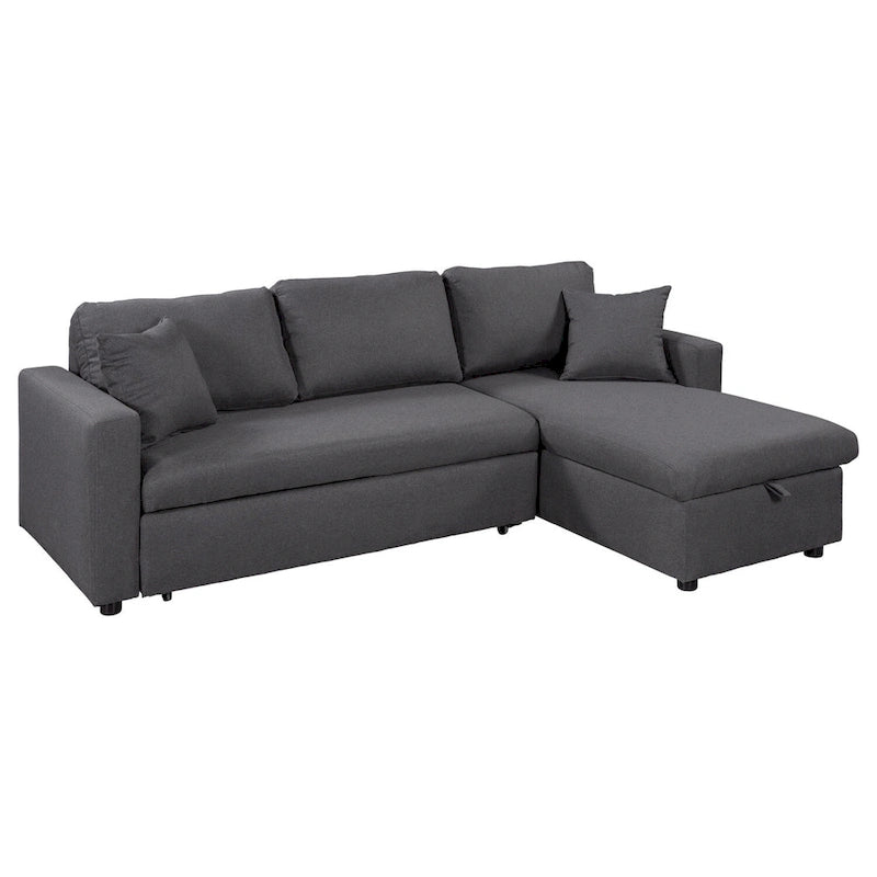 Sofá cama gris tapizado en forma de L con almacenamiento y brazos cuadrados