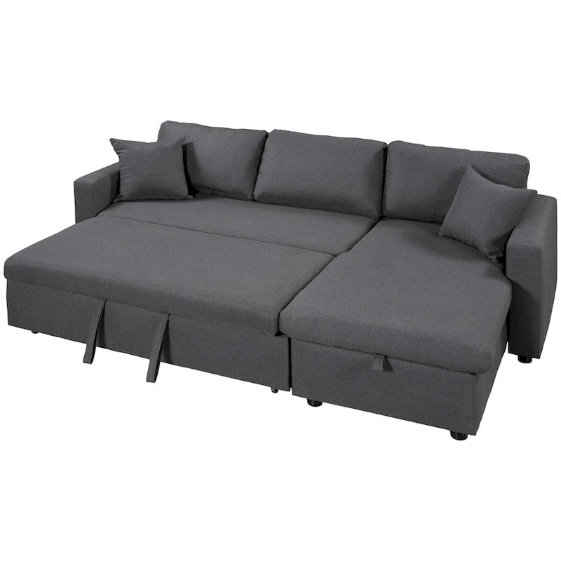 Sofá cama gris tapizado en forma de L con almacenamiento y brazos cuadrados