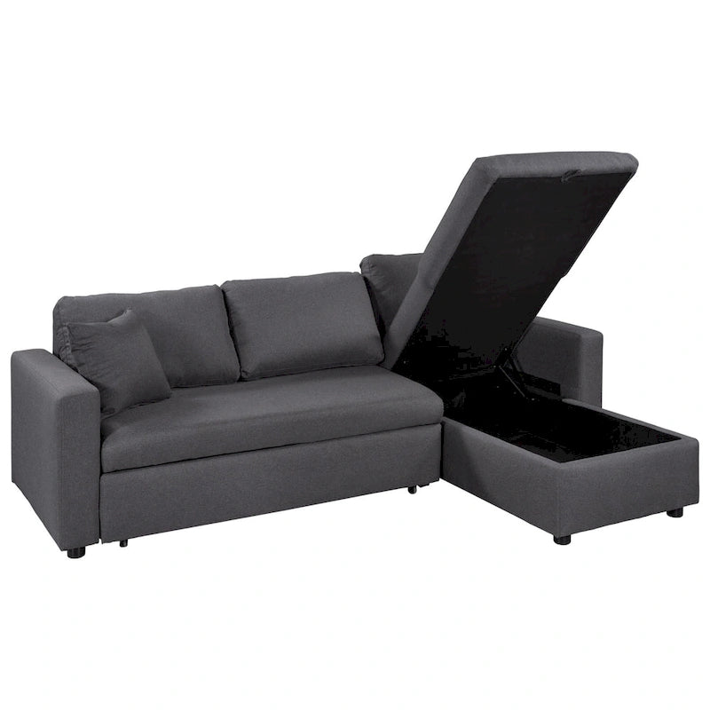 Grey Upholstered L-Shaped Sleeper Sofa with Storage and Square Arms