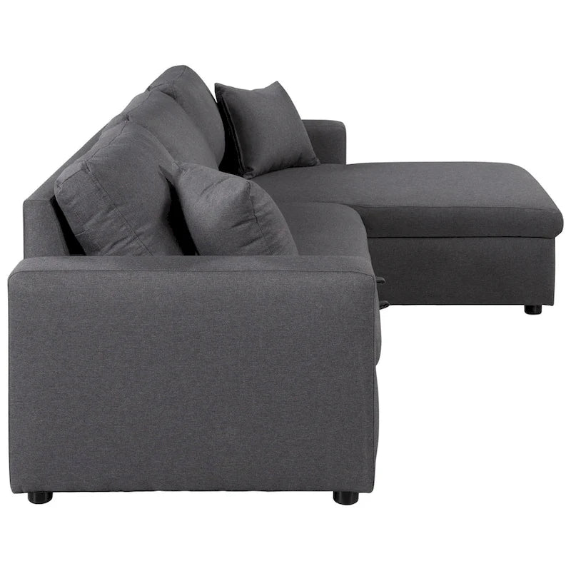Sofá cama gris tapizado en forma de L con almacenamiento y brazos cuadrados