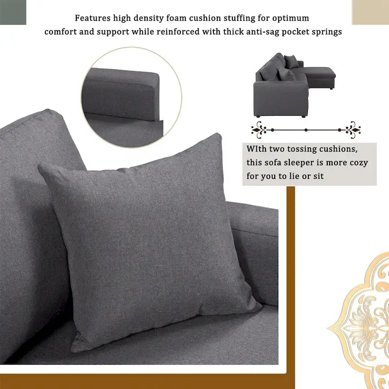 Grey Upholstered L-Shaped Sleeper Sofa with Storage and Square Arms