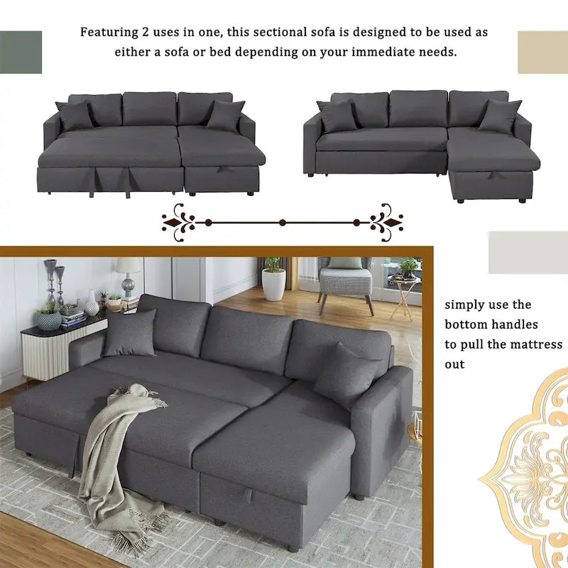 Grey Upholstered L-Shaped Sleeper Sofa with Storage and Square Arms