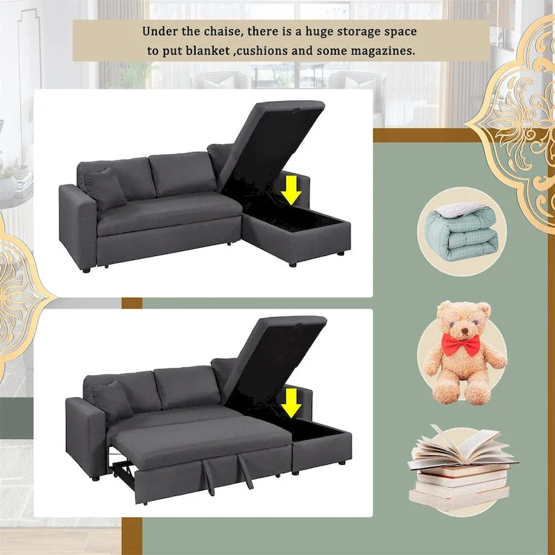 Grey Upholstered L-Shaped Sleeper Sofa with Storage and Square Arms