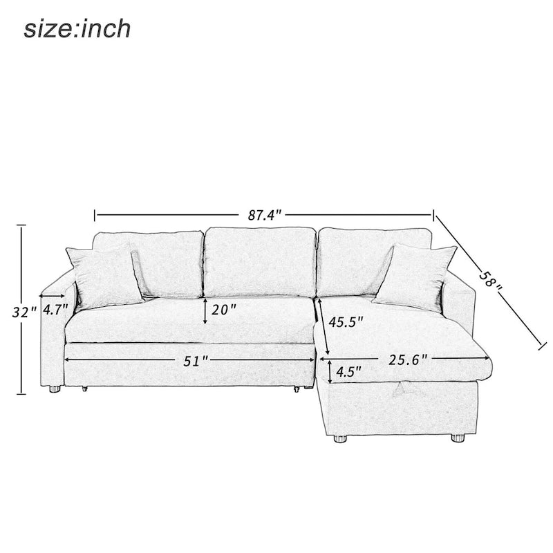 Grey Upholstered L-Shaped Sleeper Sofa with Storage and Square Arms