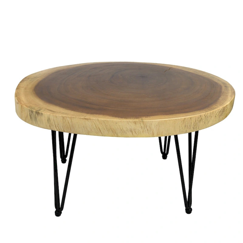 Mesa auxiliar de madera maciza marrón natural con patas negras estilo horquilla