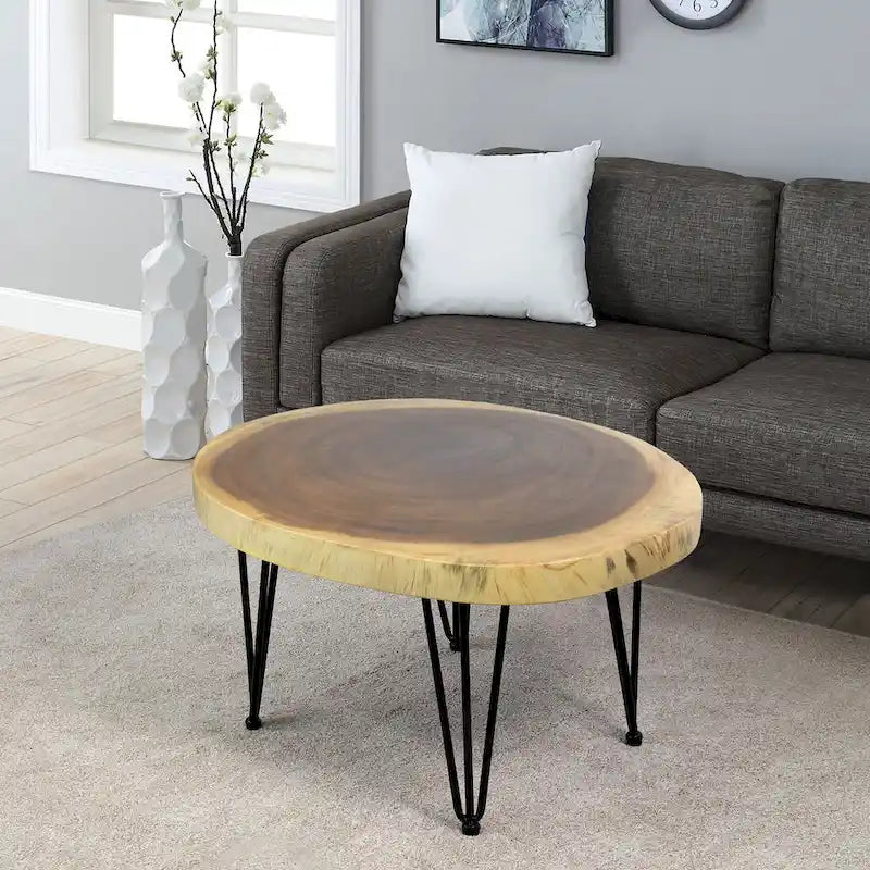 Mesa auxiliar de madera maciza marrón natural con patas negras estilo horquilla
