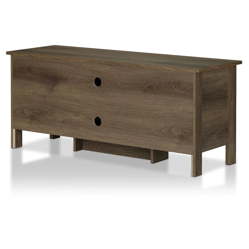 Mueble de TV de nogal envejecido de estilo transicional, con puertas y estantes ajustables