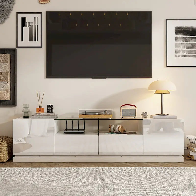 Mueble de TV moderno blanco de alto brillo con iluminación LED y estante de vidrio
