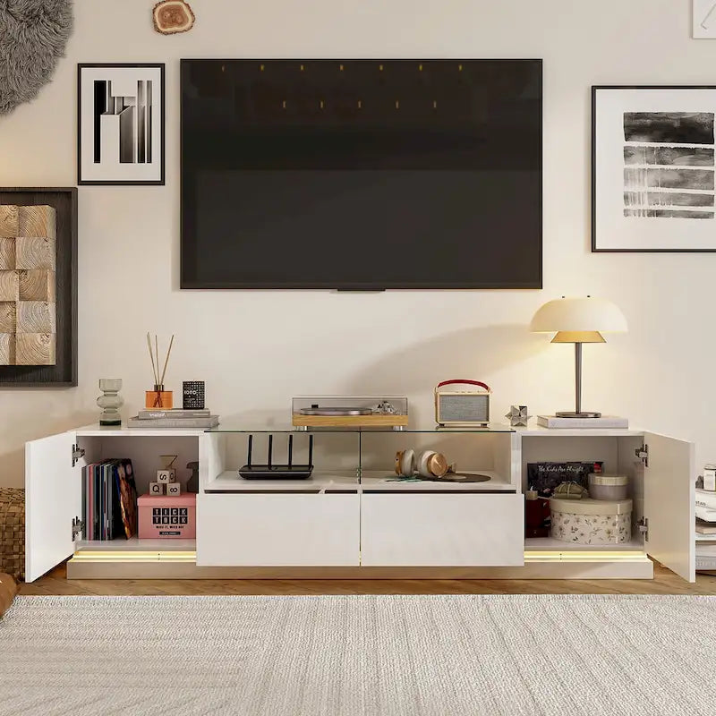 Mueble de TV moderno blanco de alto brillo con iluminación LED y estante de vidrio